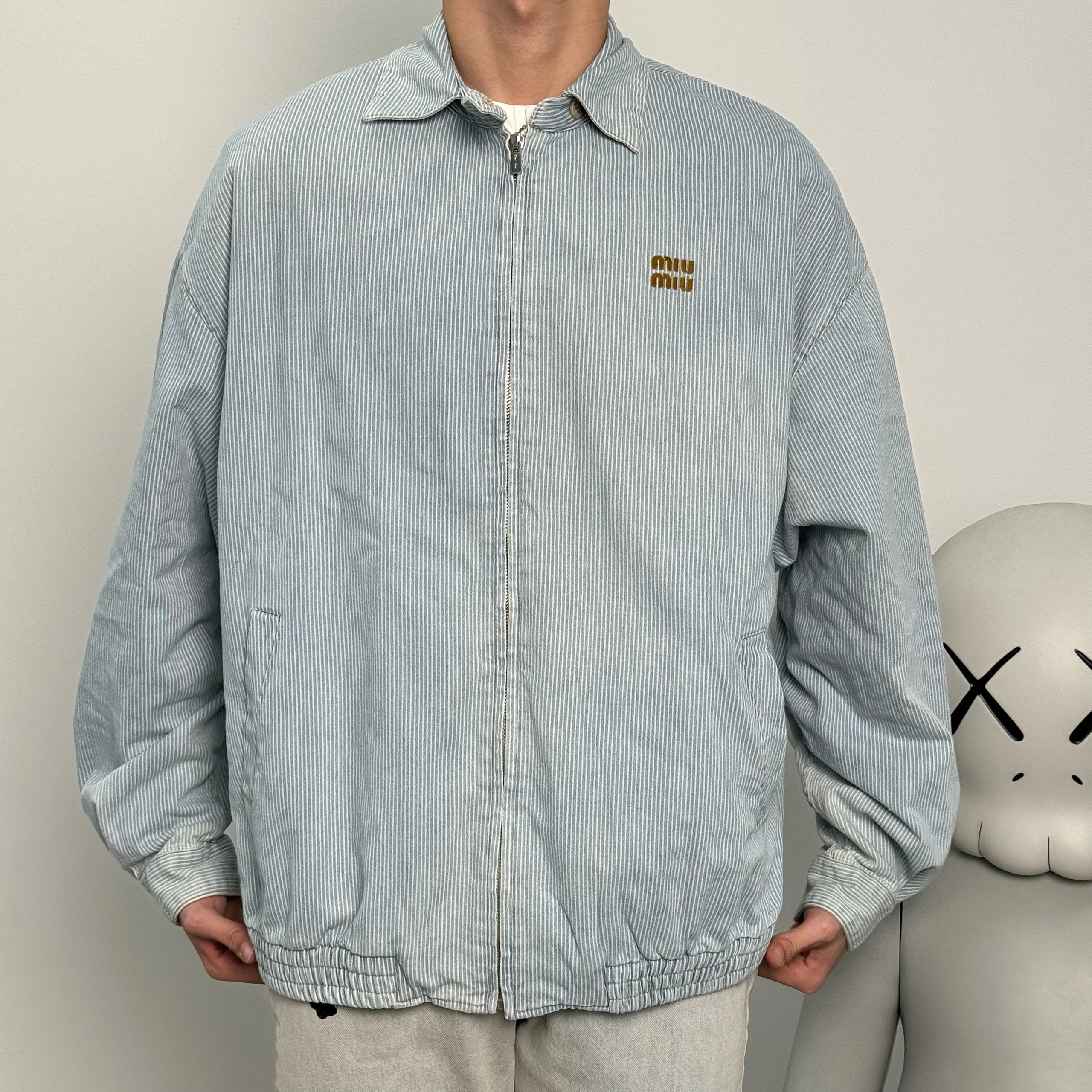 Item ID 8037 M1UM1U Miu Miu embroidered loose striped denim “ Heavy industrial wash