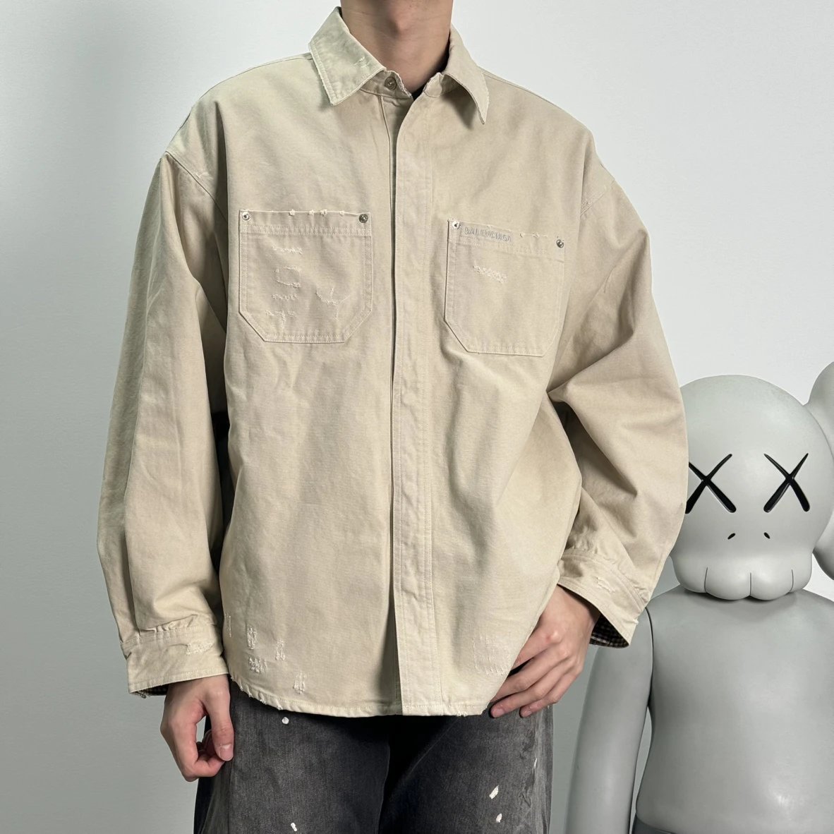 Item ID 8052 Paris washed distressed embroidered logo workwear jacket with loose fi