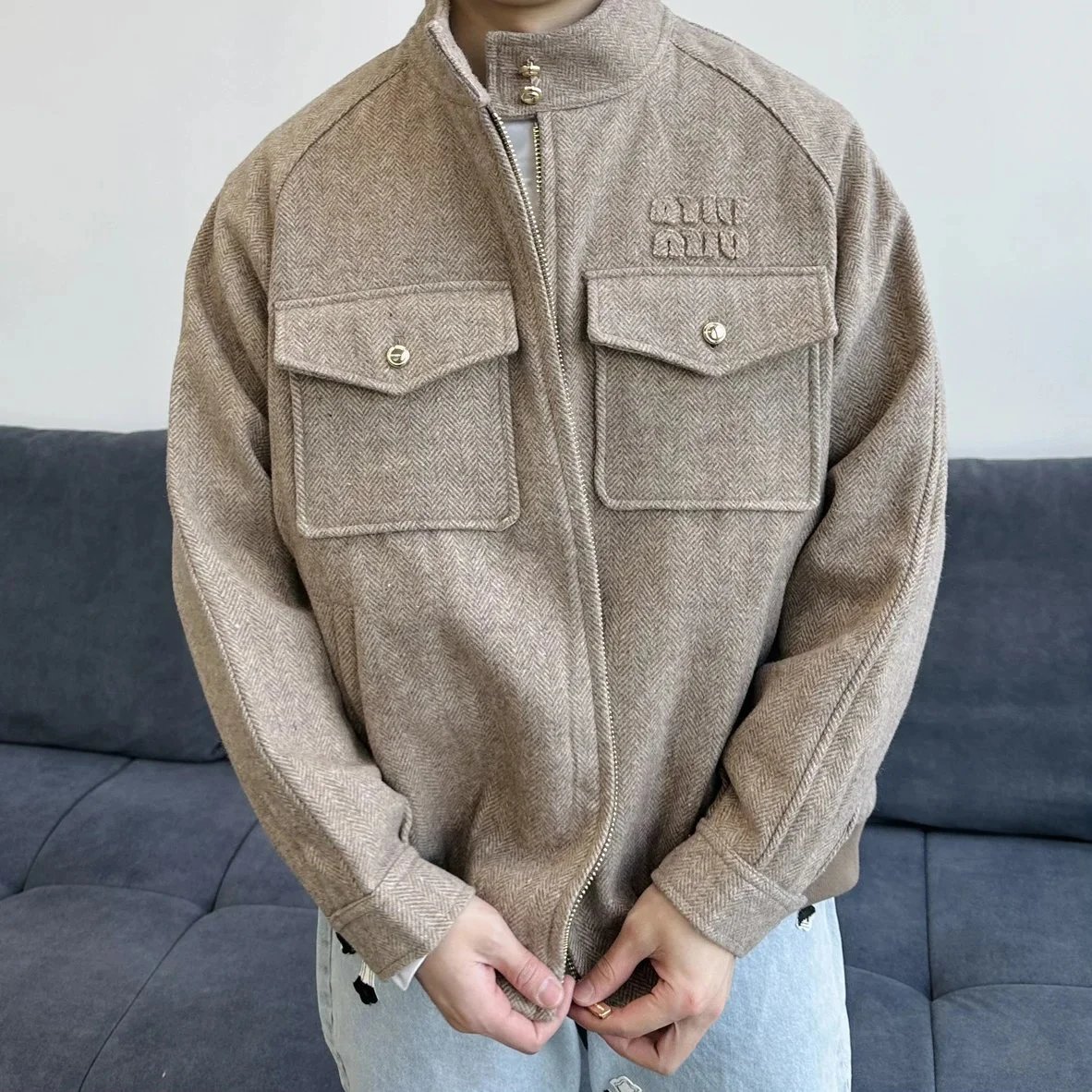  Item ID 8035 M1u-Miu-2024-ss-herringbone wool Harrington jacket - stand collar work
