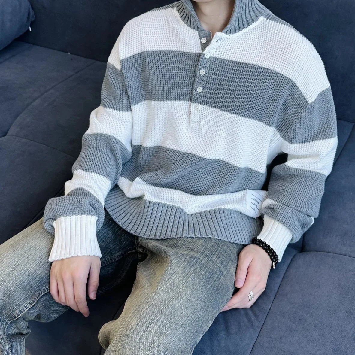 Item ID 8191 THOM-BR0WNE-TB-2024-ss-Grey white striped knitted polo shirt - Double