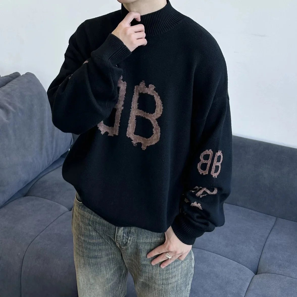 Item ID 8250 Balenci@ga- Paris -2024ss- Mud dyed double B printed sweater - turtlen