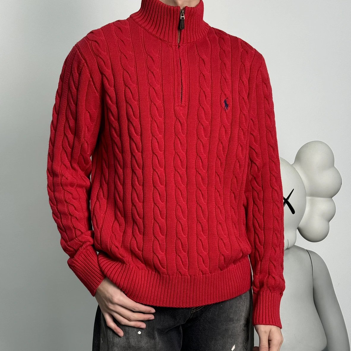 Item ID 8266 Ralph Half Chain Twisted Flower Sweater - Solid Color Half Zipper Stan