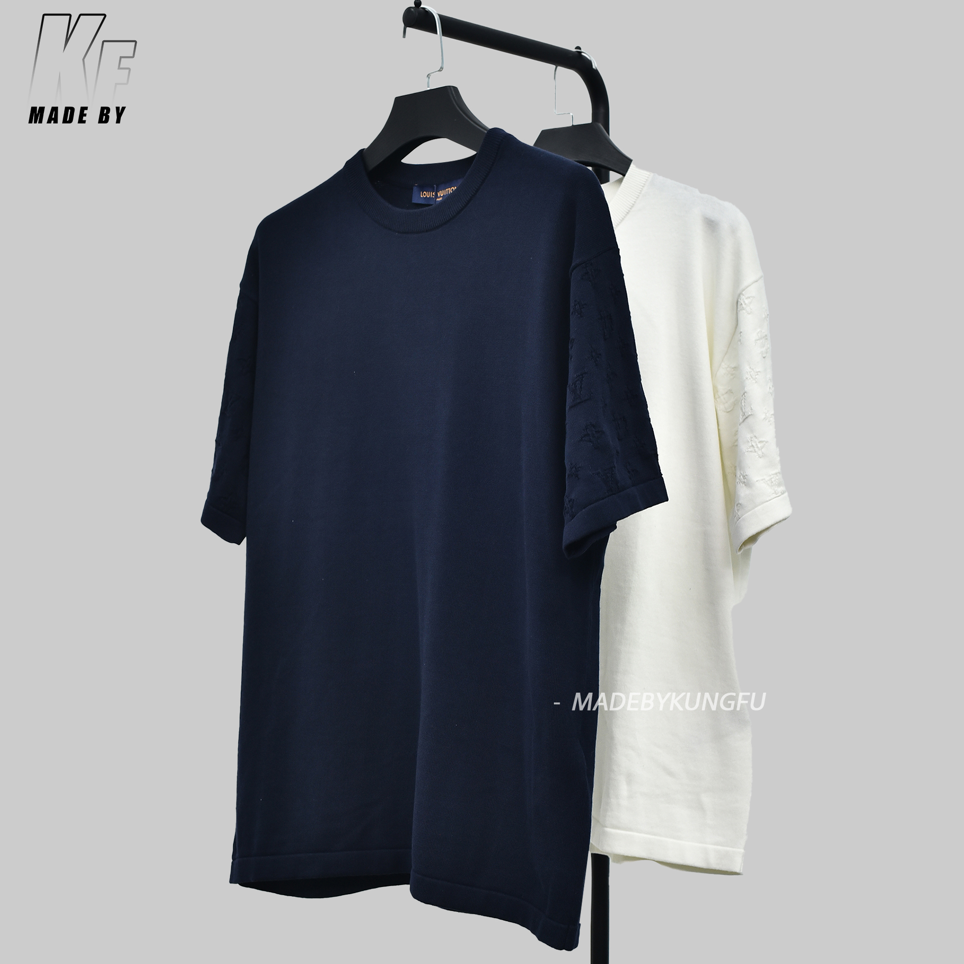 1V针织袖子印花短袖 米色藏青色