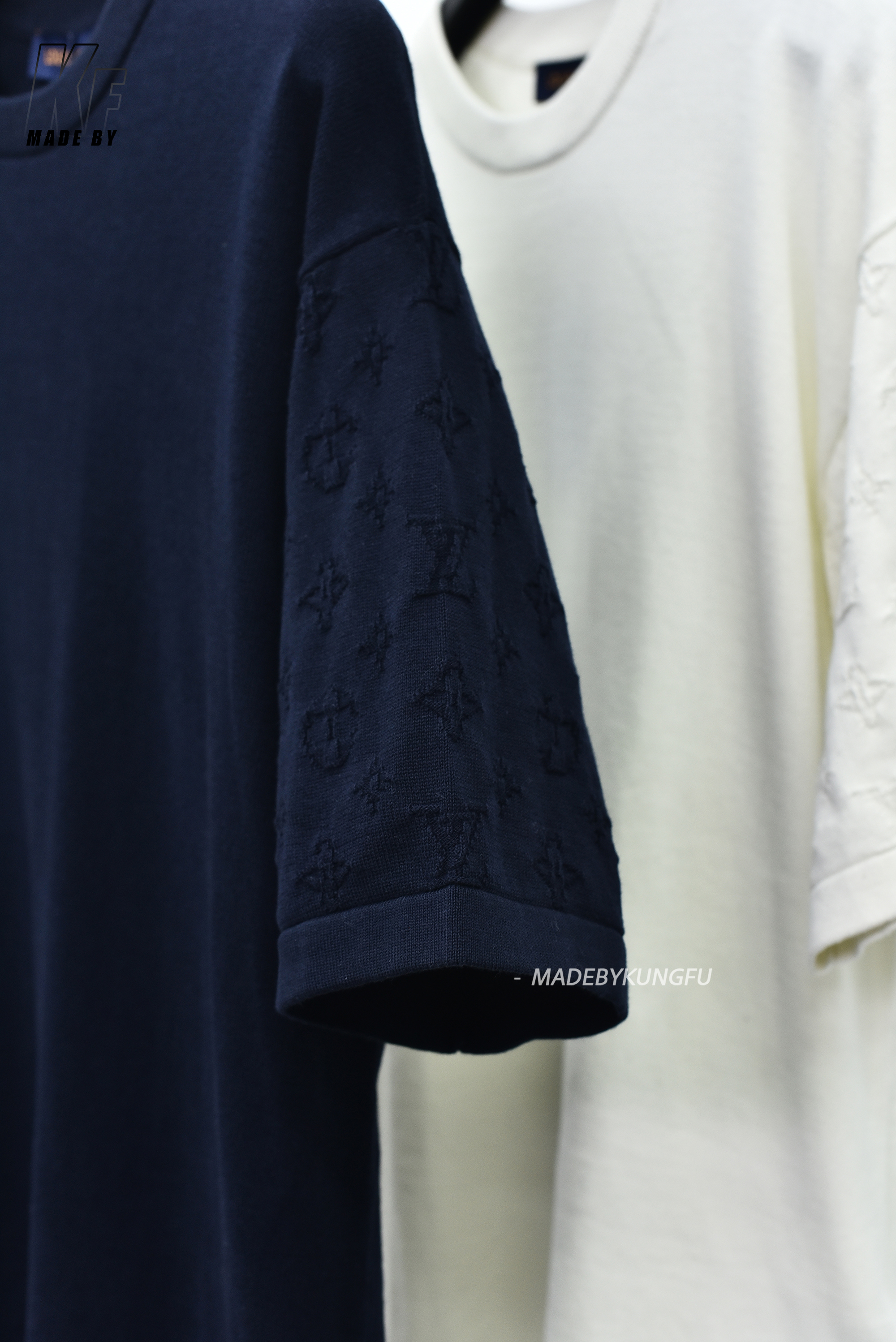 1V针织袖子印花短袖 米色藏青色