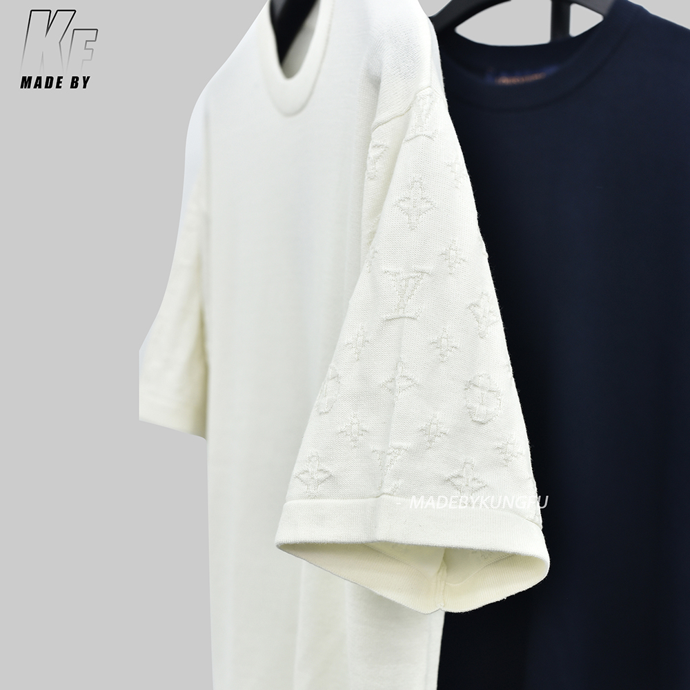 1V针织袖子印花短袖 米色藏青色