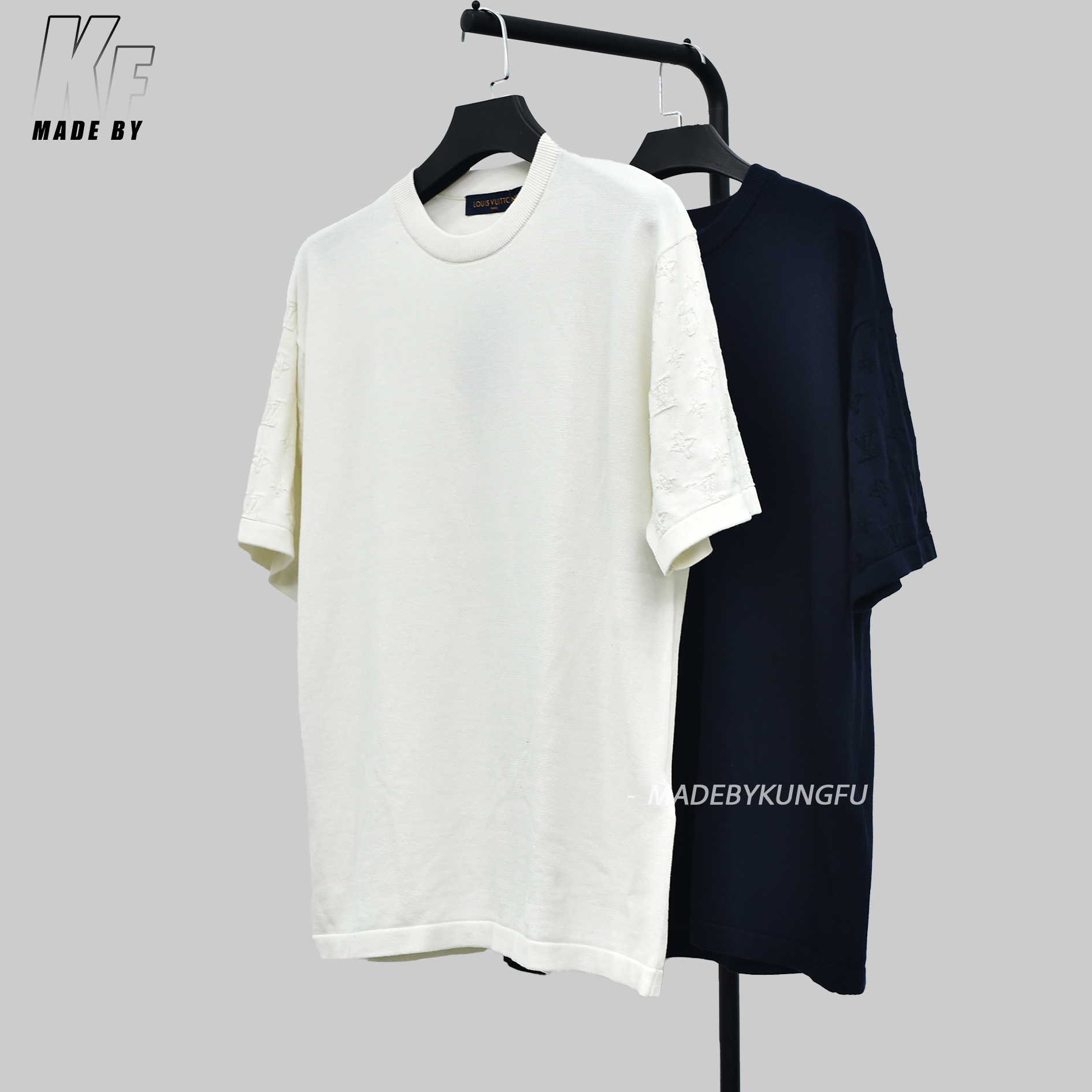 1V针织袖子印花短袖 米色藏青色