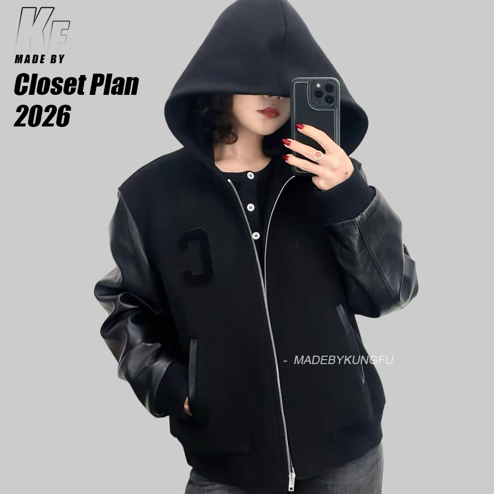 CE leather sleeve zipper wool coat