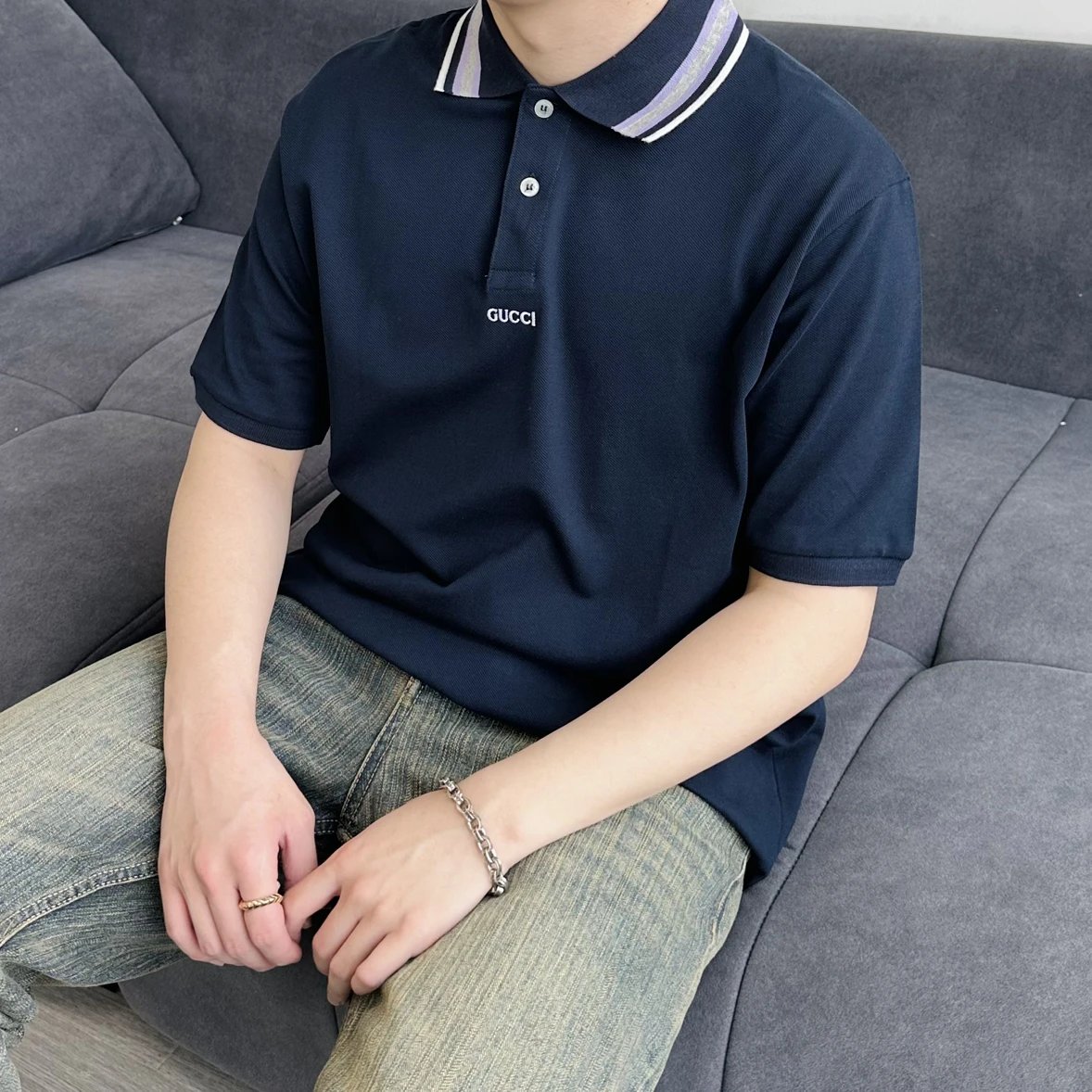 Item ID 8313 GUCC1-GC-2024Ss-Basic striped collar polo shirt - High setting bead co