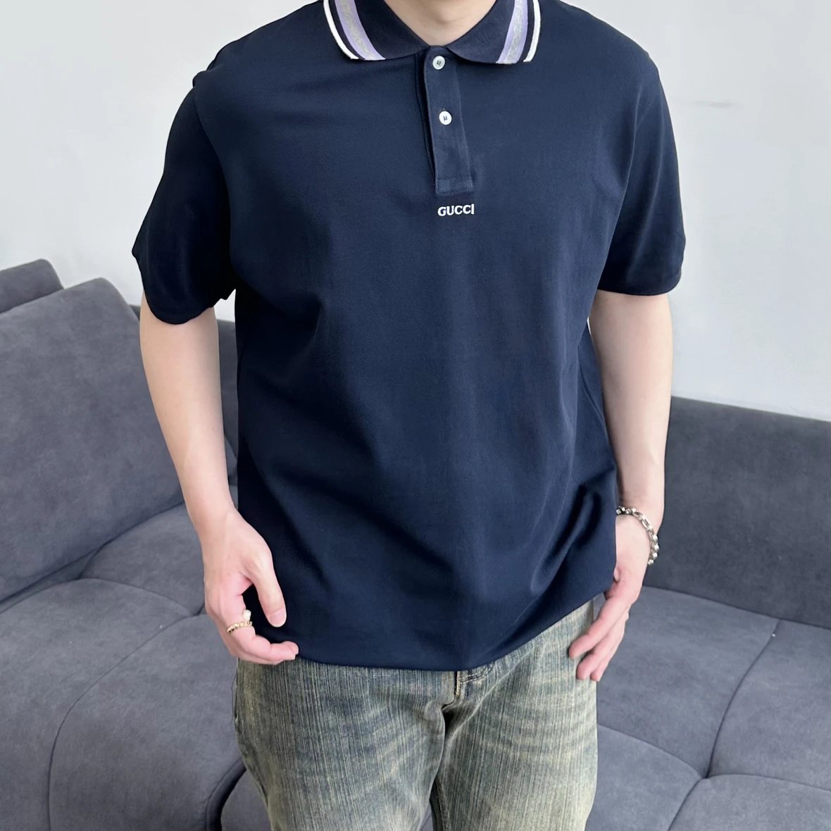 Item ID 8313 GUCC1-GC-2024Ss-Basic striped collar polo shirt - High setting bead co