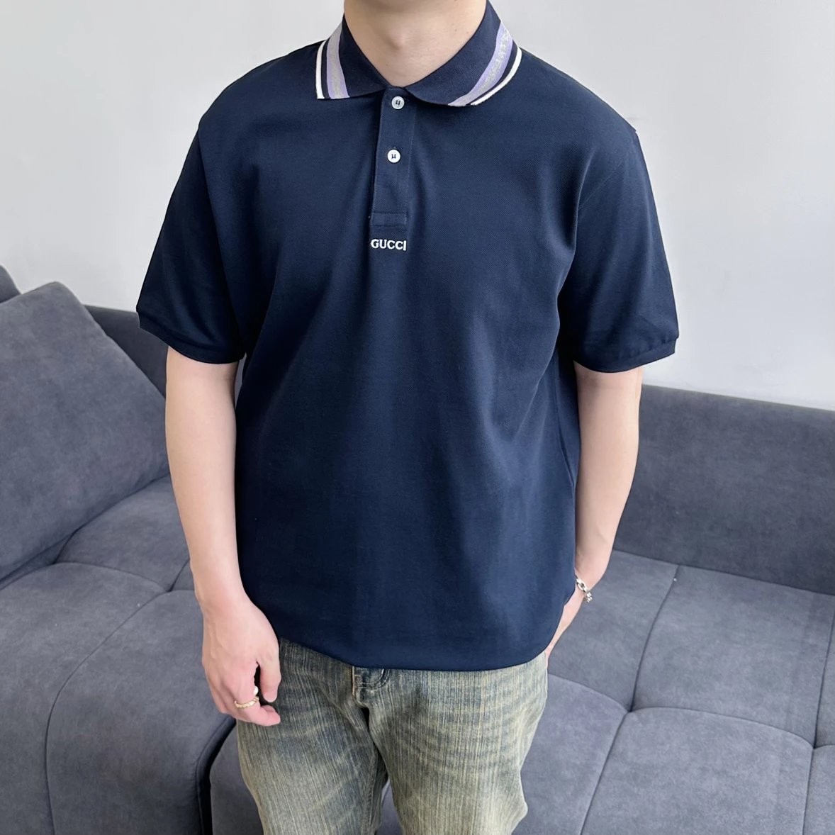 Item ID 8313 GUCC1-GC-2024Ss-Basic striped collar polo shirt - High setting bead co