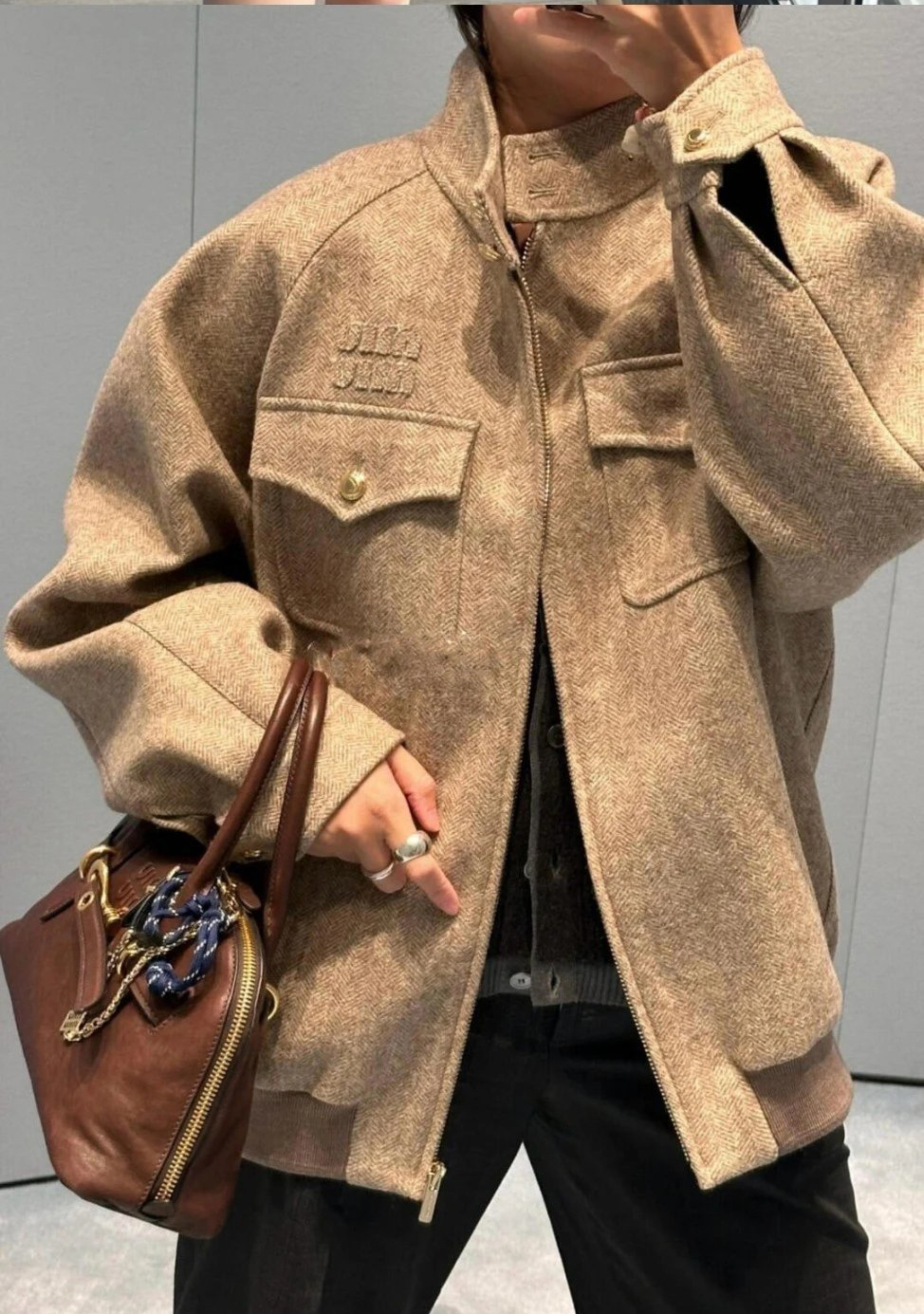 Item ID 8035 M1u-Miu-2024-ss-herringbone wool Harrington jacket - stand collar work