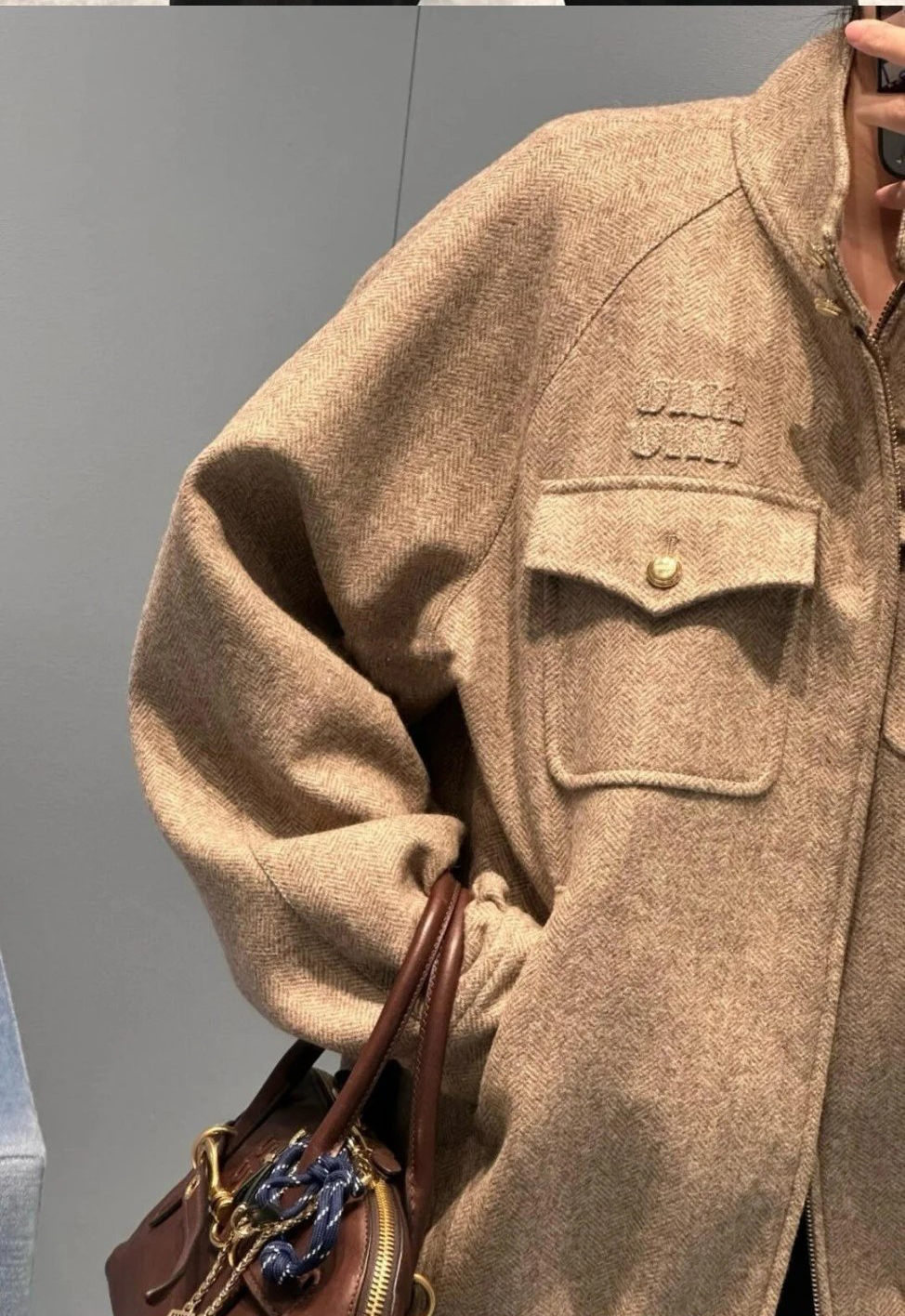 Item ID 8035 M1u-Miu-2024-ss-herringbone wool Harrington jacket - stand collar work