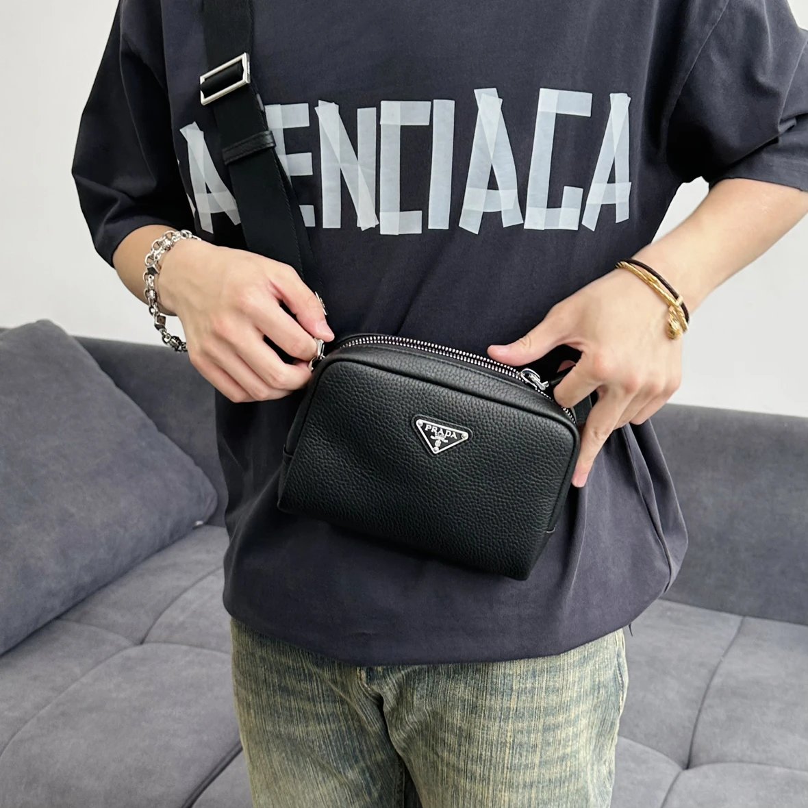 Item ID 8504 Pr@da- Prada - Fully Inlaid Leather - Vitello Dino - Metal Triangle Se