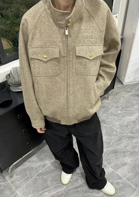  Item ID 8035 M1u-Miu-2024-ss-herringbone wool Harrington jacket - stand collar work