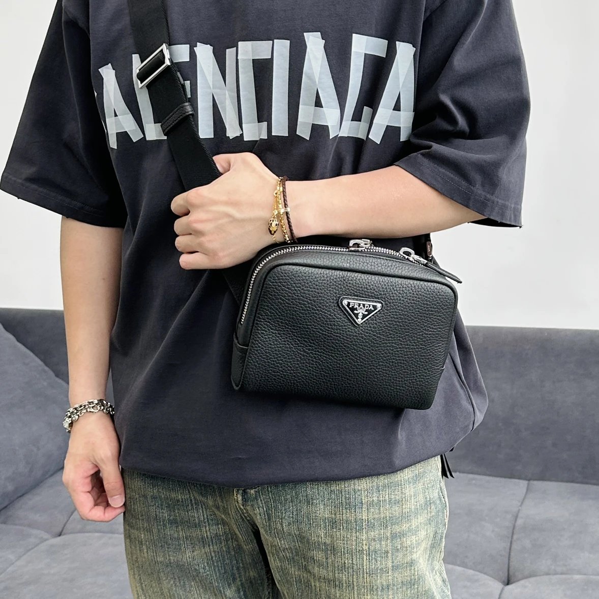 Item ID 8504 Pr@da- Prada - Fully Inlaid Leather - Vitello Dino - Metal Triangle Se