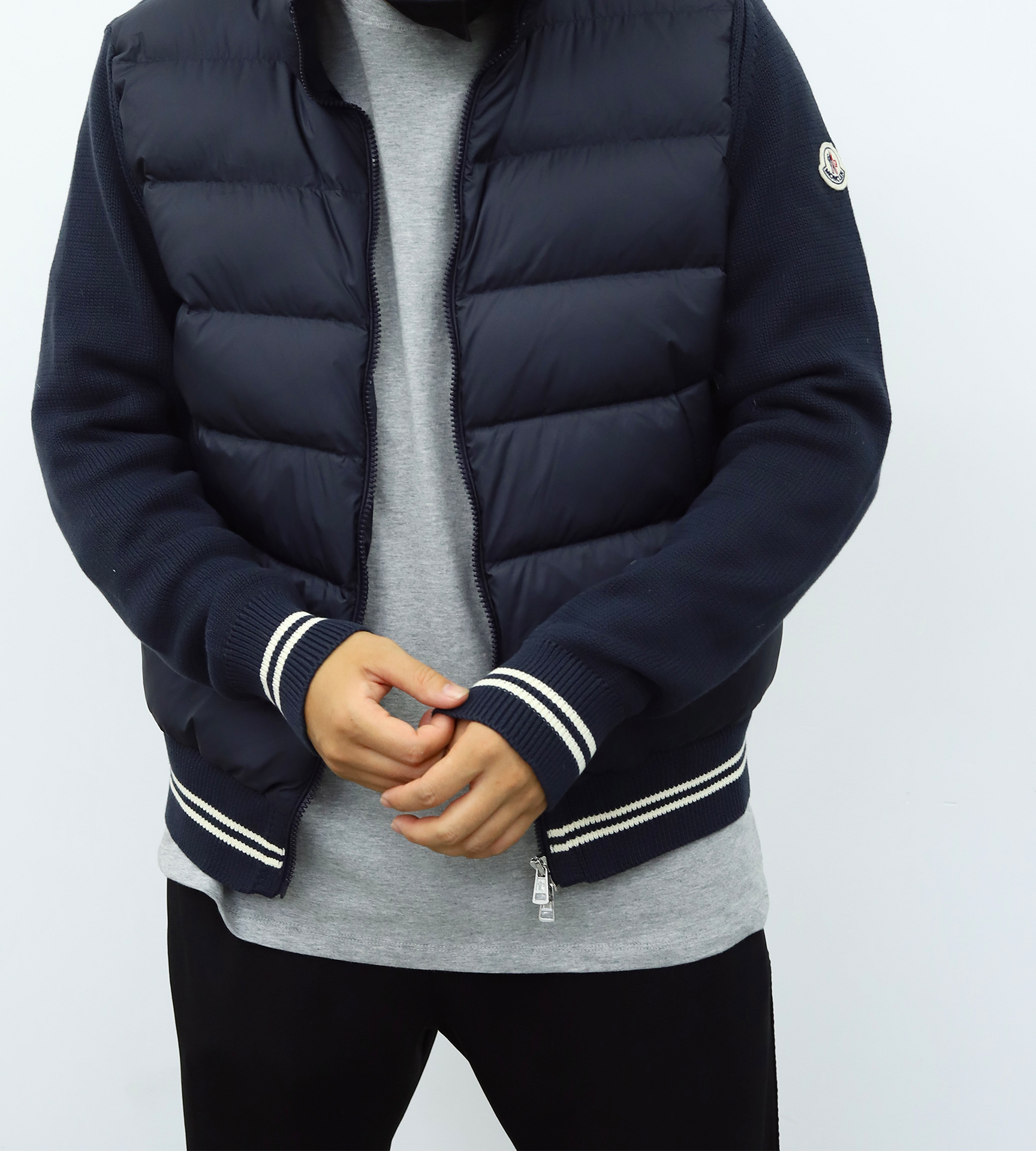 蒙口毛袖羽绒夹克 藏青色