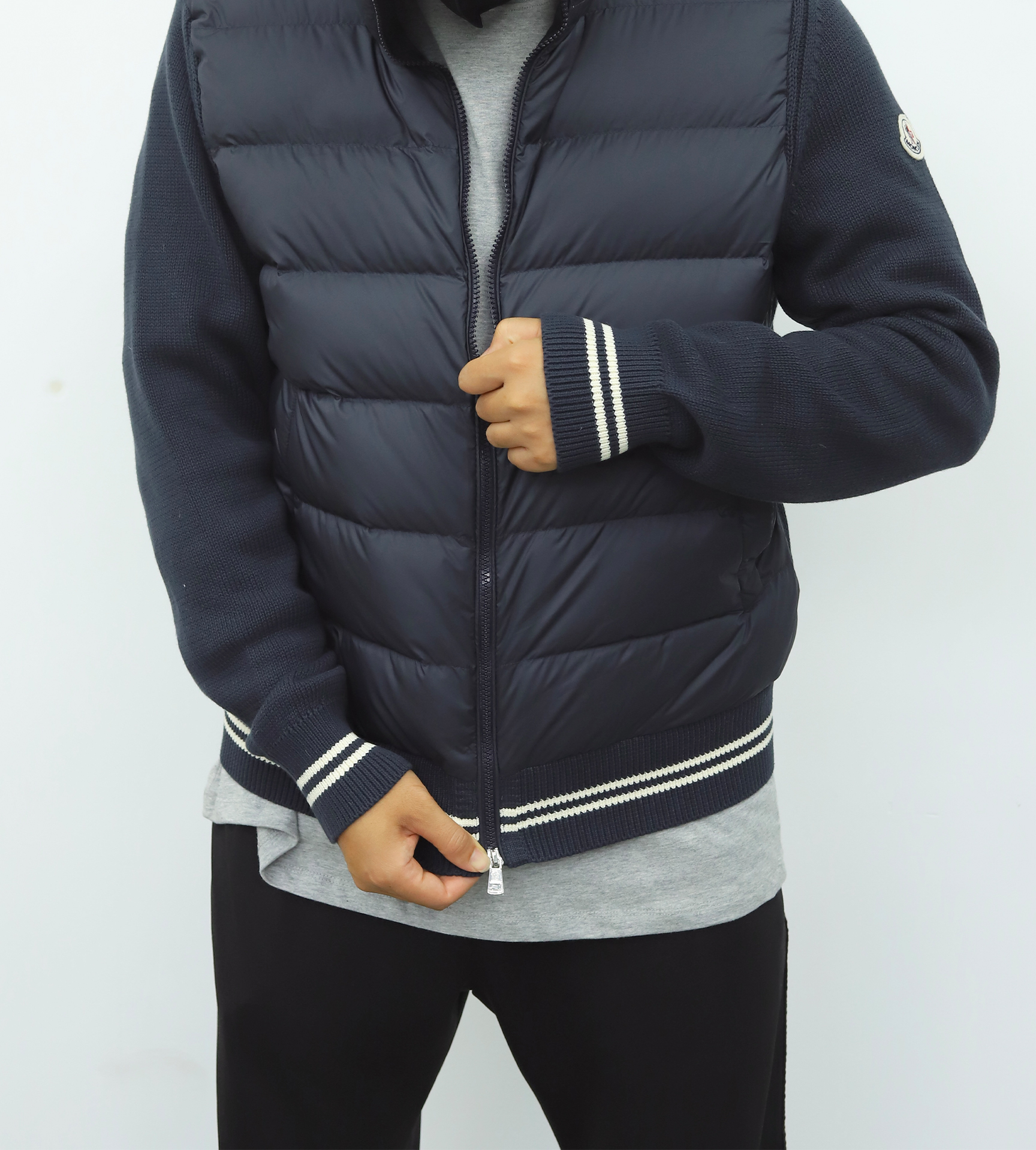 蒙口毛袖羽绒夹克 藏青色