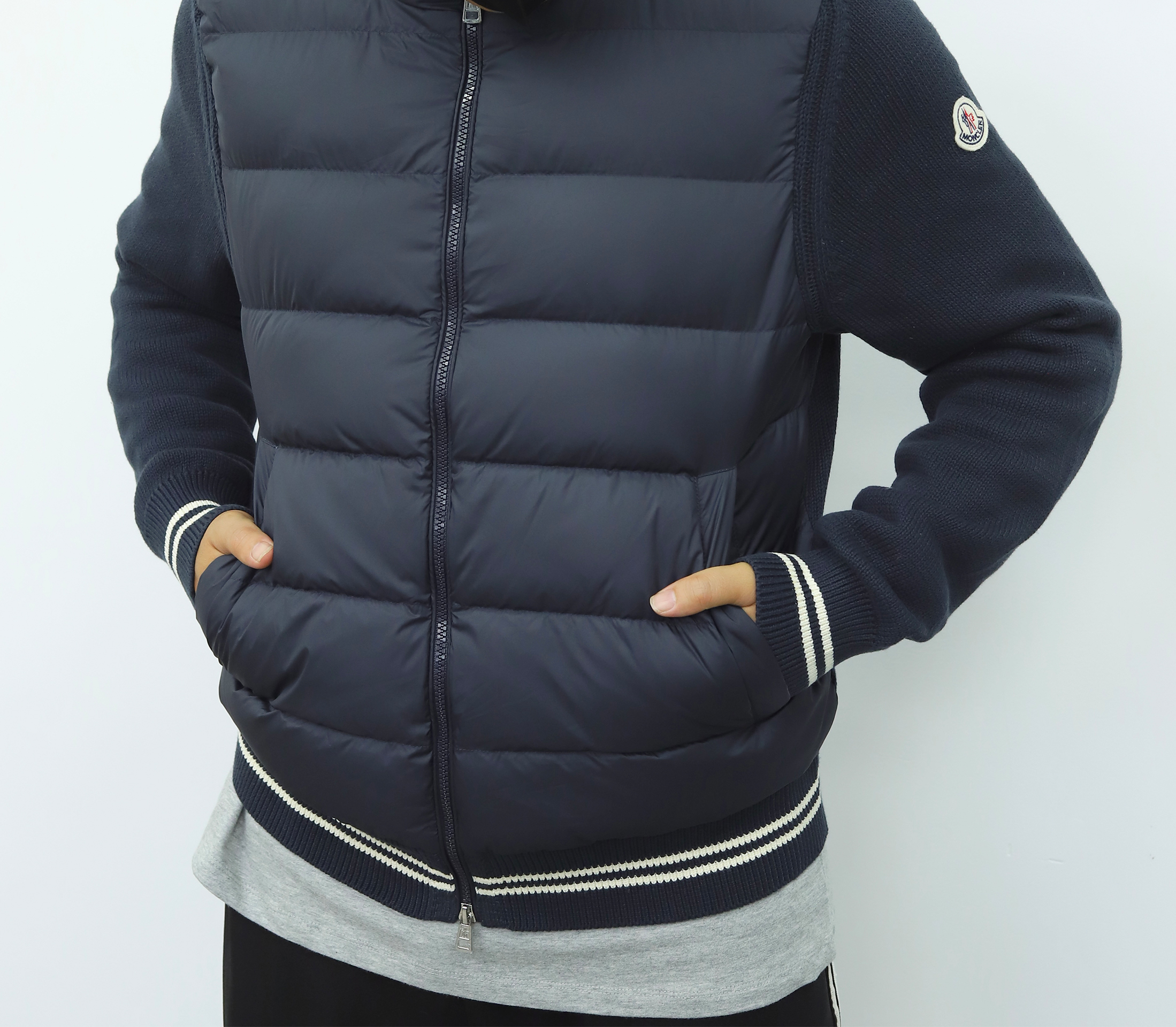 蒙口毛袖羽绒夹克 藏青色