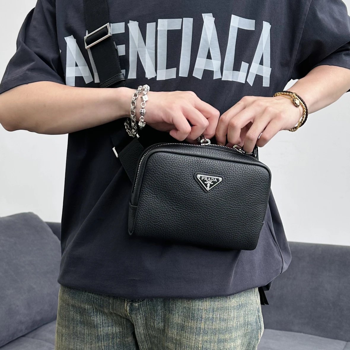 Item ID 8504 Pr@da- Prada - Fully Inlaid Leather - Vitello Dino - Metal Triangle Se