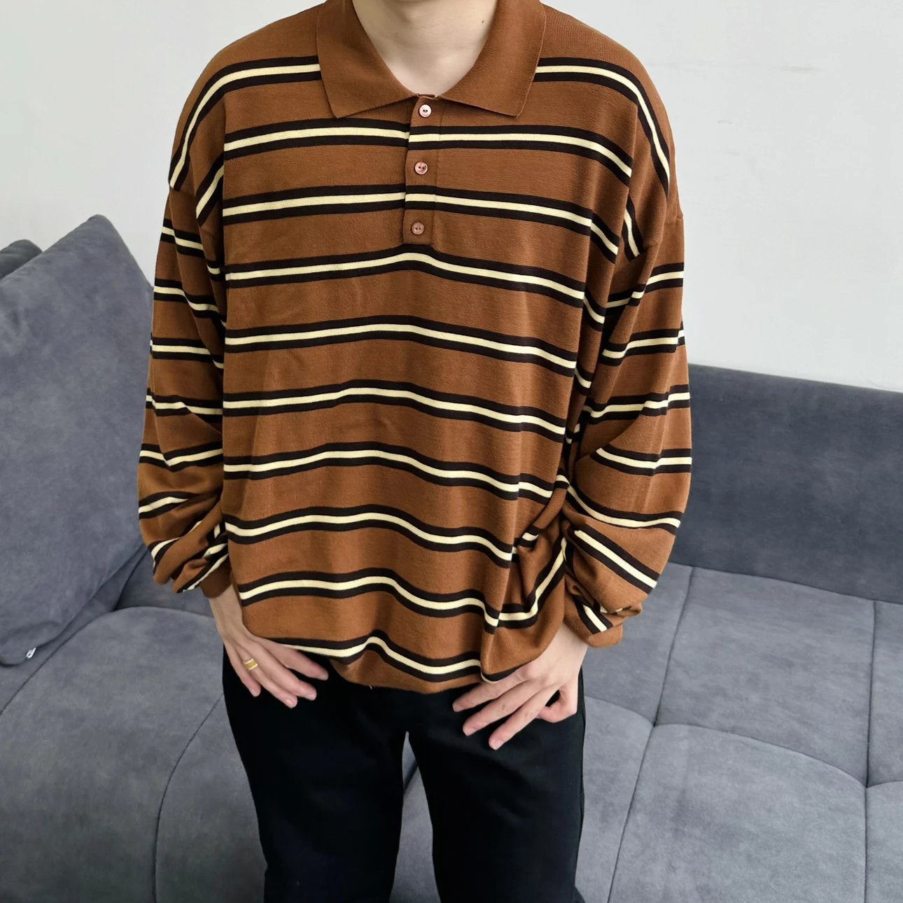Item ID 8182 L0EWE-Luoyiwei-2024-ss-striped knitted pure cotton polo shirt - brown