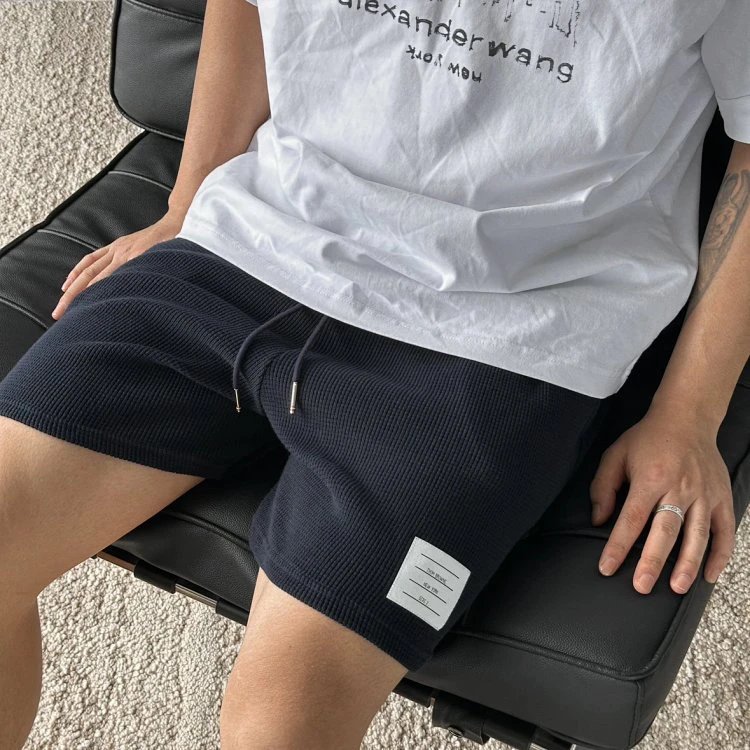 Item ID 8244 THOM-BR0WNE - _Waffle_ TB Shorts - Cotton Texture Casual Shorts - Navy