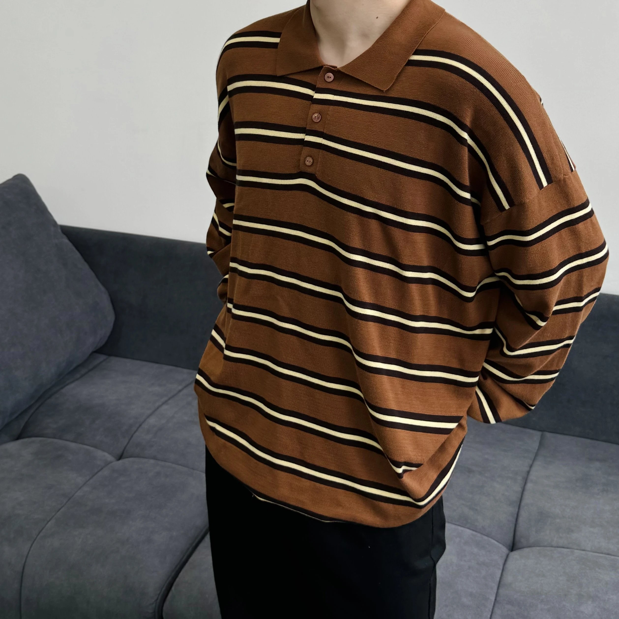 Item ID 8182 L0EWE-Luoyiwei-2024-ss-striped knitted pure cotton polo shirt - brown