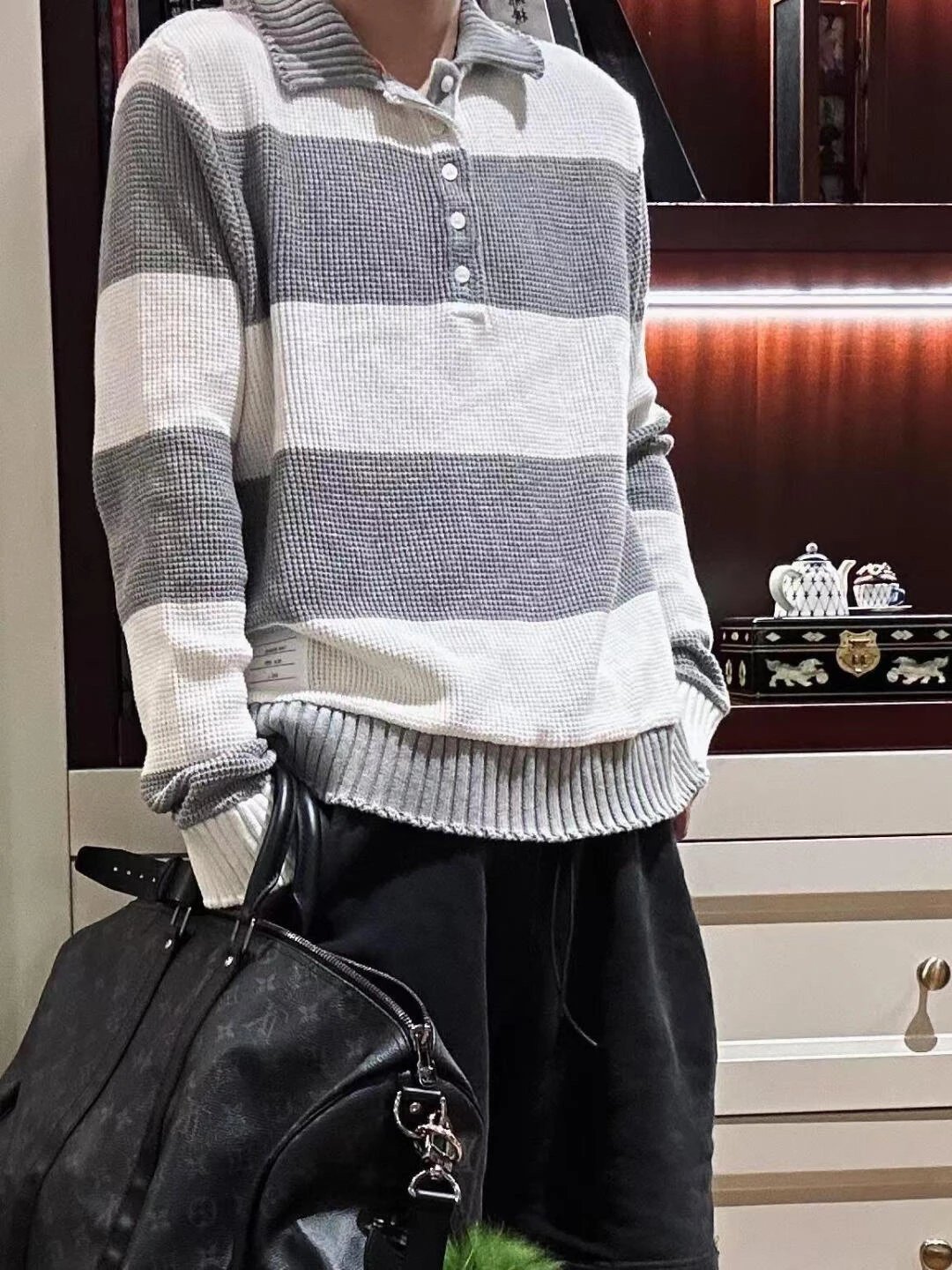 Item ID 8191 THOM-BR0WNE-TB-2024-ss-Grey white striped knitted polo shirt - Double