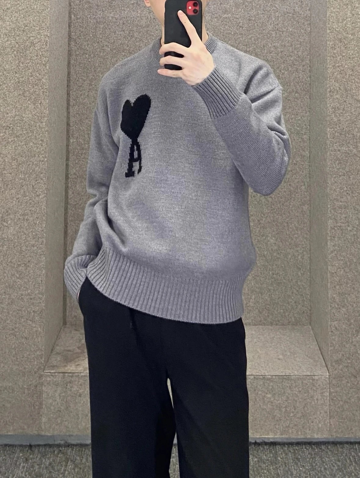 Item ID 8248 AMI Big love black label Logo Wool blend crew neck pullover sweater fo