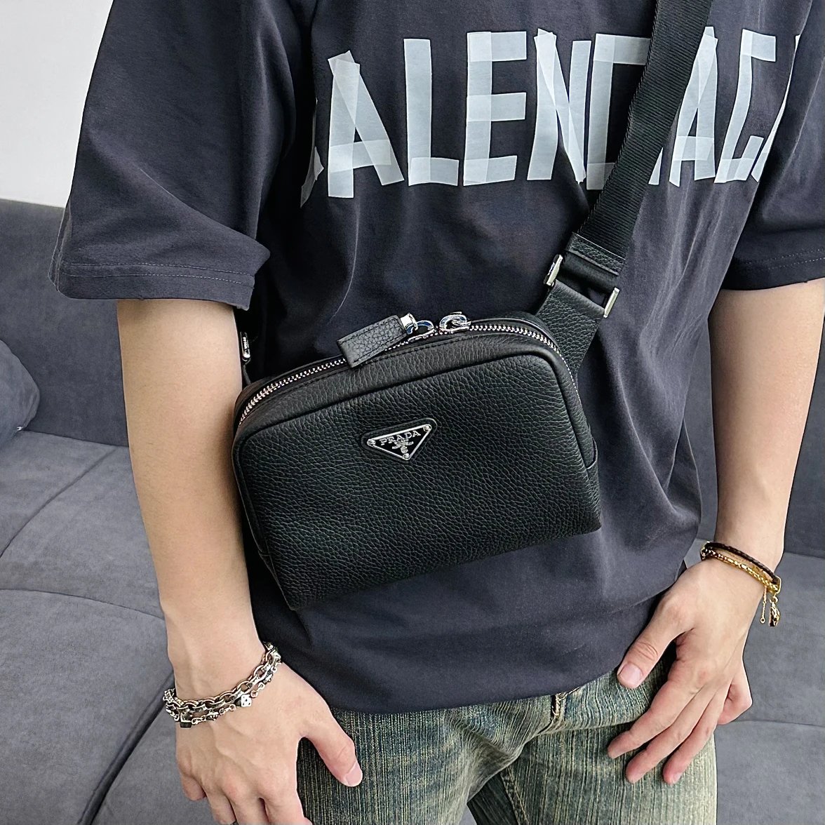 Item ID 8504 Pr@da- Prada - Fully Inlaid Leather - Vitello Dino - Metal Triangle Se