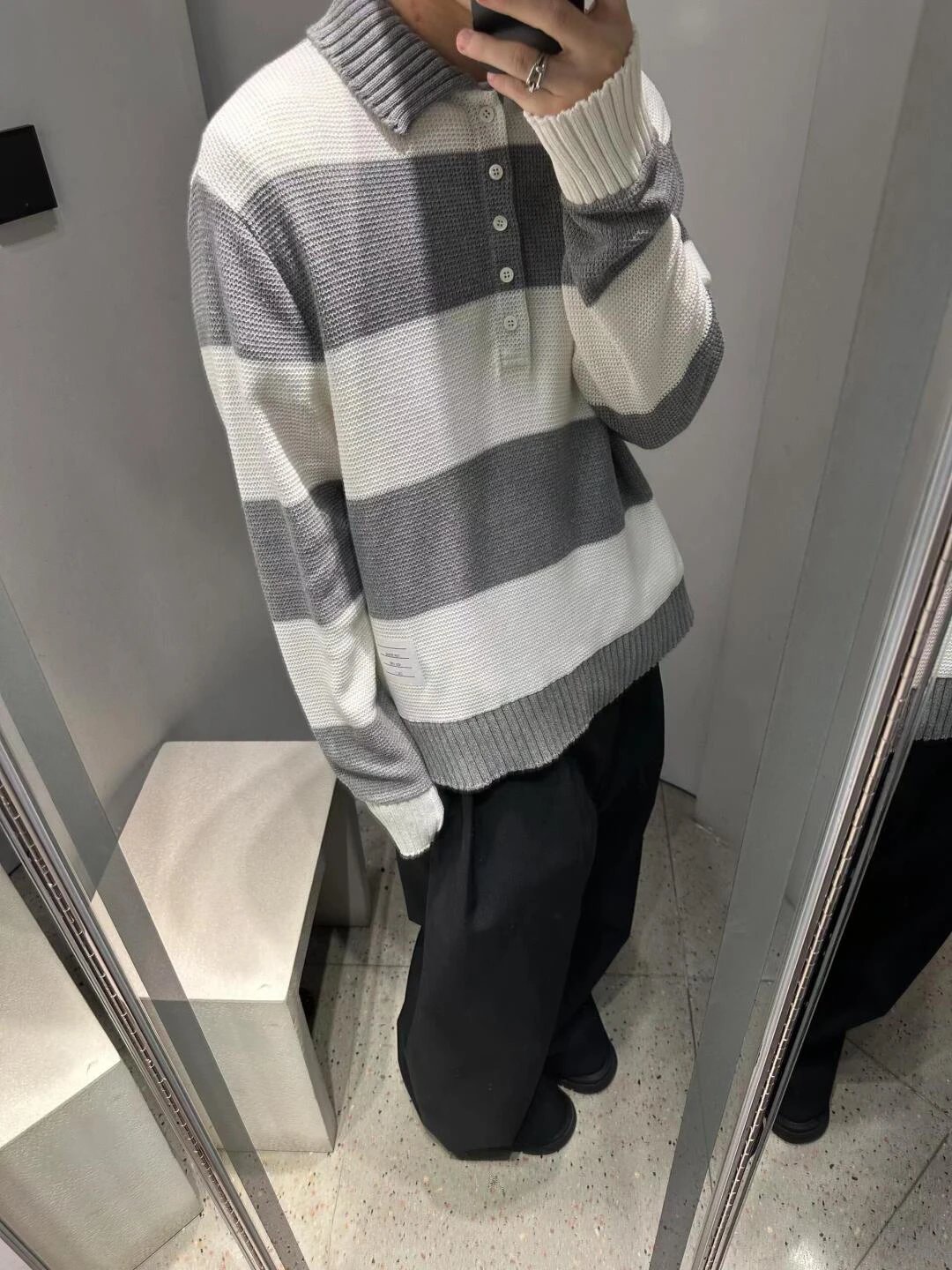 Item ID 8191 THOM-BR0WNE-TB-2024-ss-Grey white striped knitted polo shirt - Double