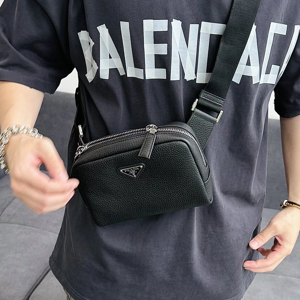 Item ID 8504 Pr@da- Prada - Fully Inlaid Leather - Vitello Dino - Metal Triangle Se