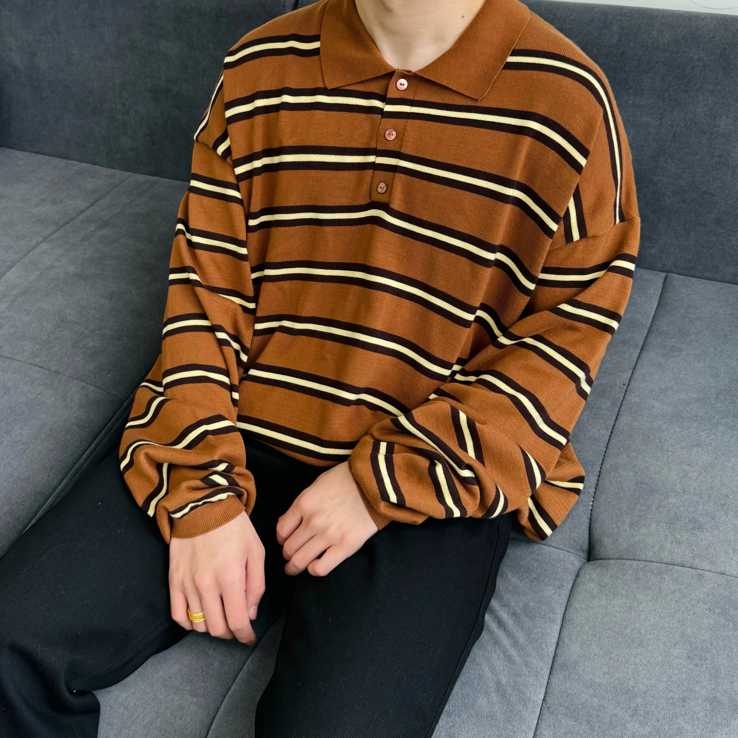 Item ID 8182 L0EWE-Luoyiwei-2024-ss-striped knitted pure cotton polo shirt - brown
