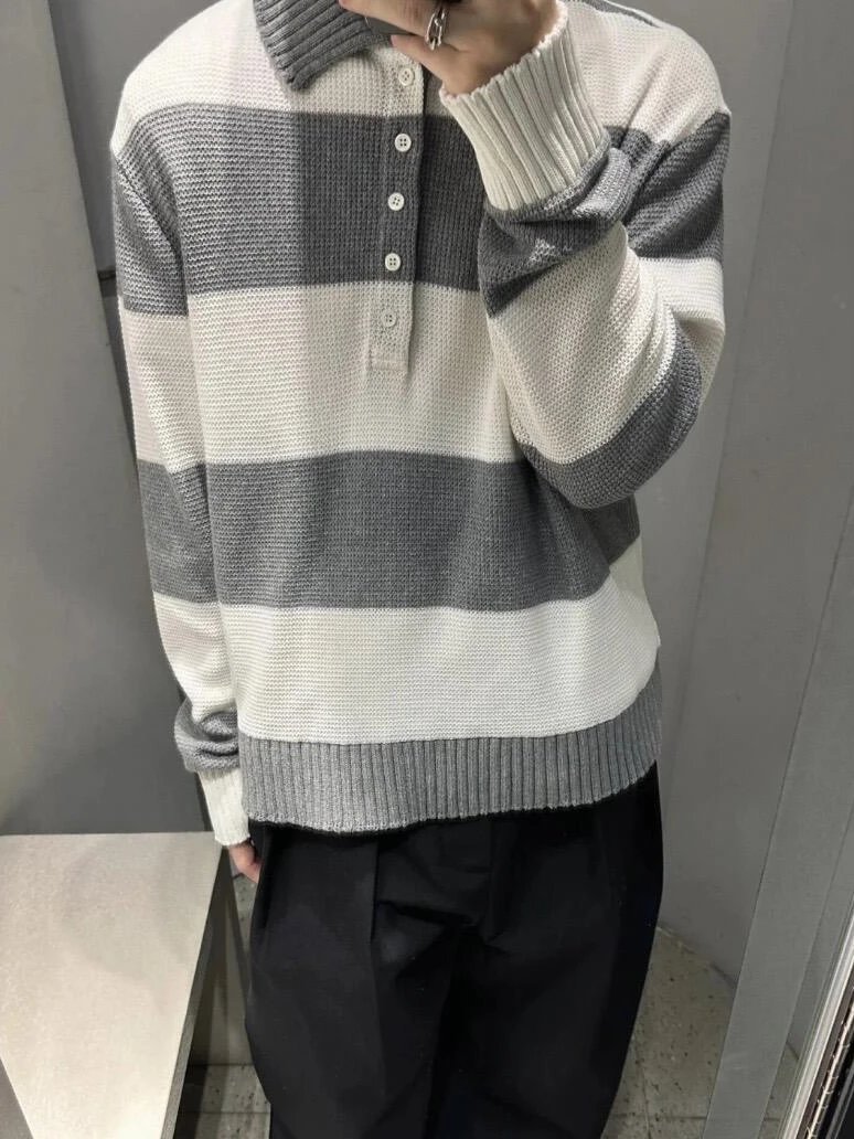 Item ID 8191 THOM-BR0WNE-TB-2024-ss-Grey white striped knitted polo shirt - Double