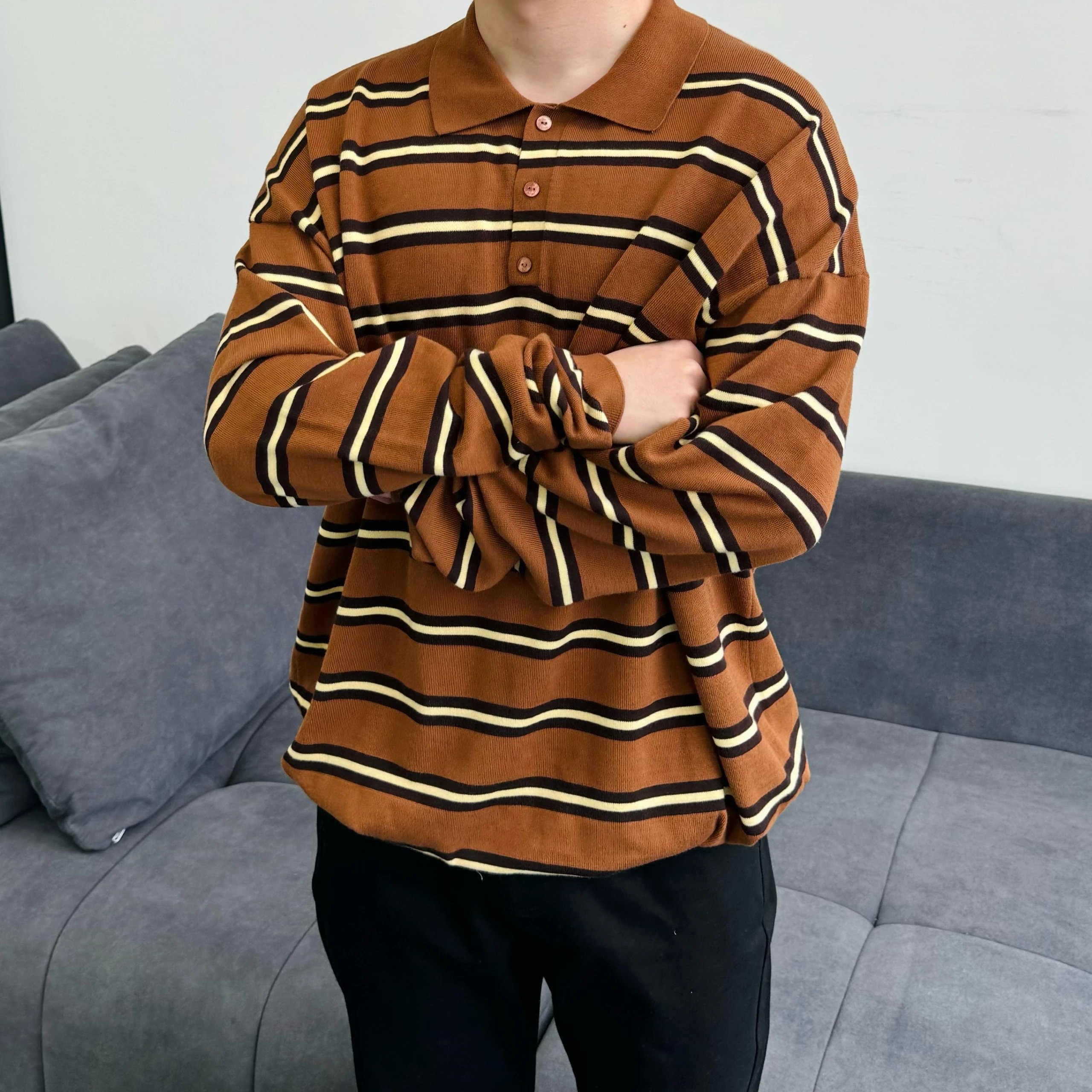 Item ID 8182 L0EWE-Luoyiwei-2024-ss-striped knitted pure cotton polo shirt - brown