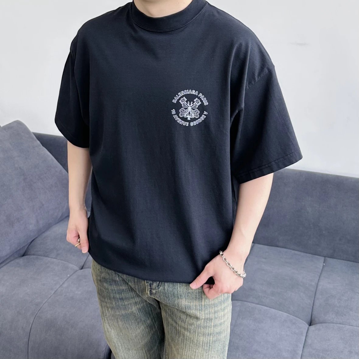Item ID 8289 Balenci@ga- Paris-2025s - Double Keychain Compass Printed Short Sleeve