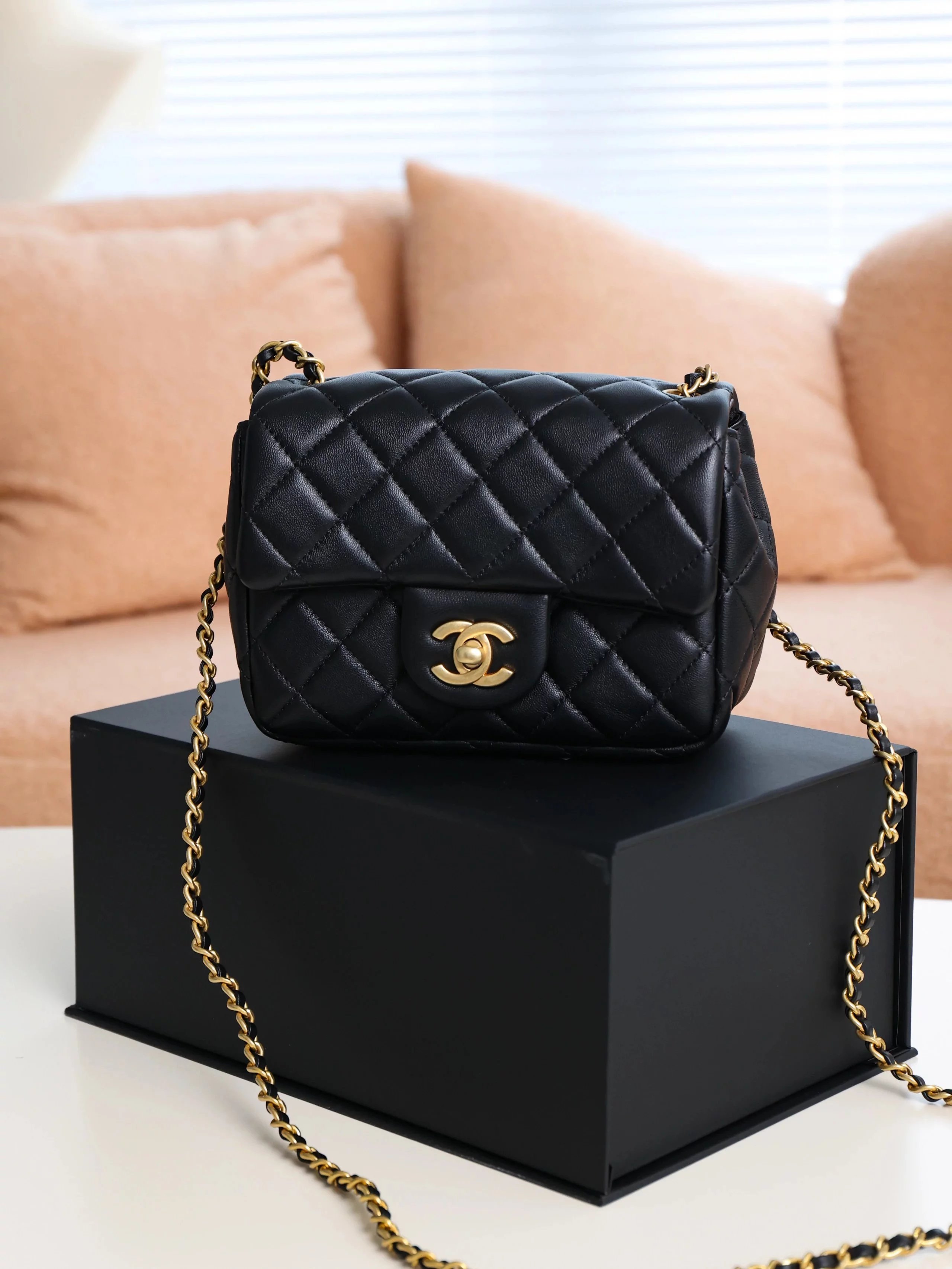 Item ID 8460 CHANEL - Classic Chain Bag - Mini Golden Bead Square Fat Flip Bag - Sm