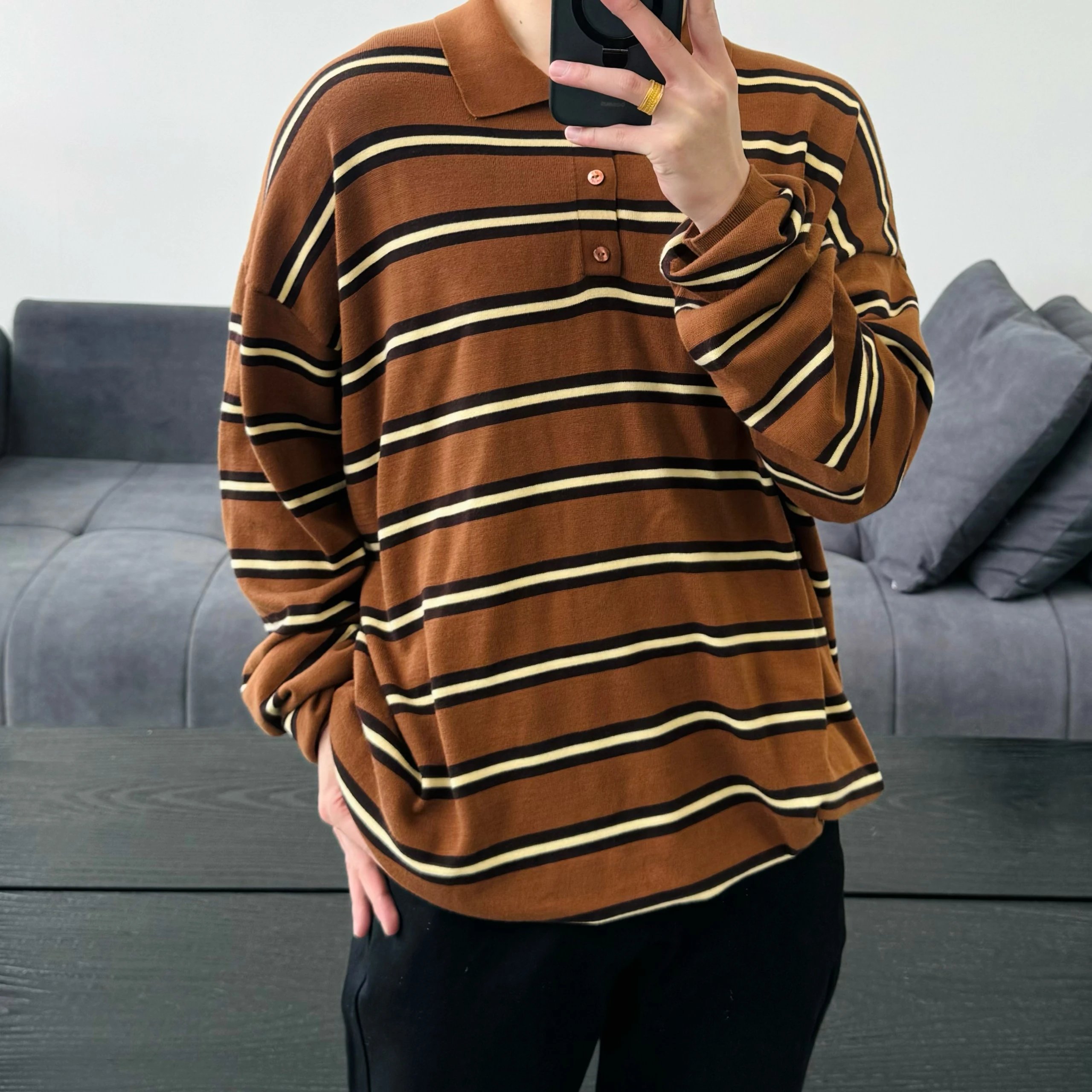 Item ID 8182 L0EWE-Luoyiwei-2024-ss-striped knitted pure cotton polo shirt - brown