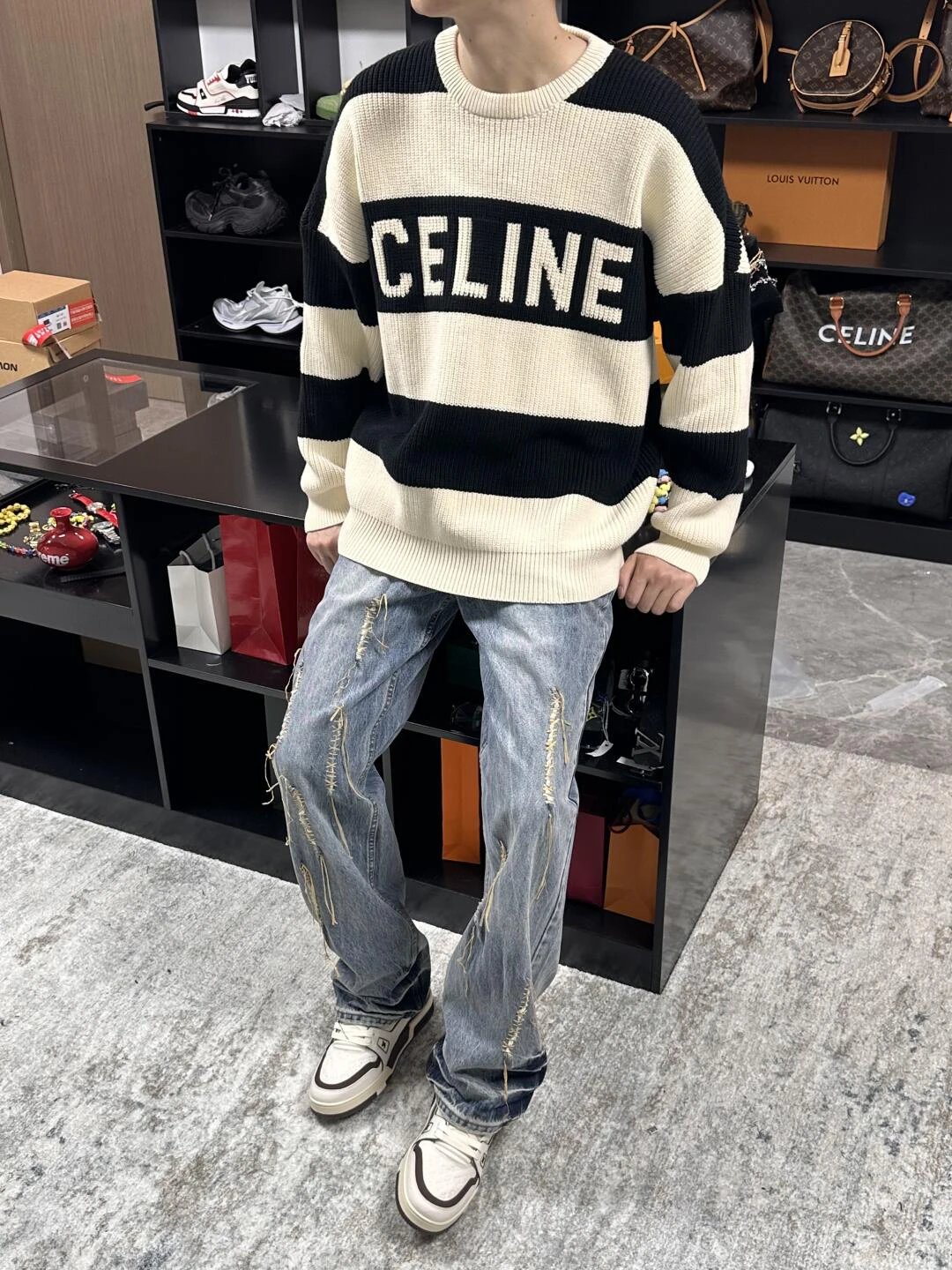 Item ID 8254 CEL1NE- Celine -2024ss- striped jacquard letter sweater - knitted loos