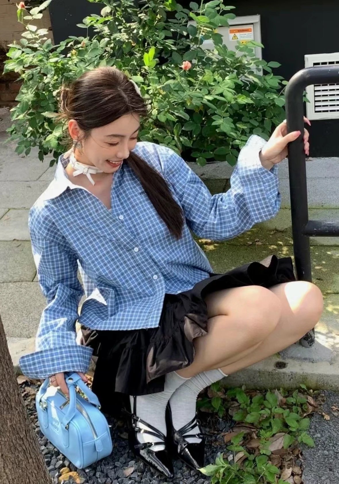 Item ID 8221 Miu Miu -SS25- Plaid Logo embroidered shirt -“40 Tencel blend ” long s