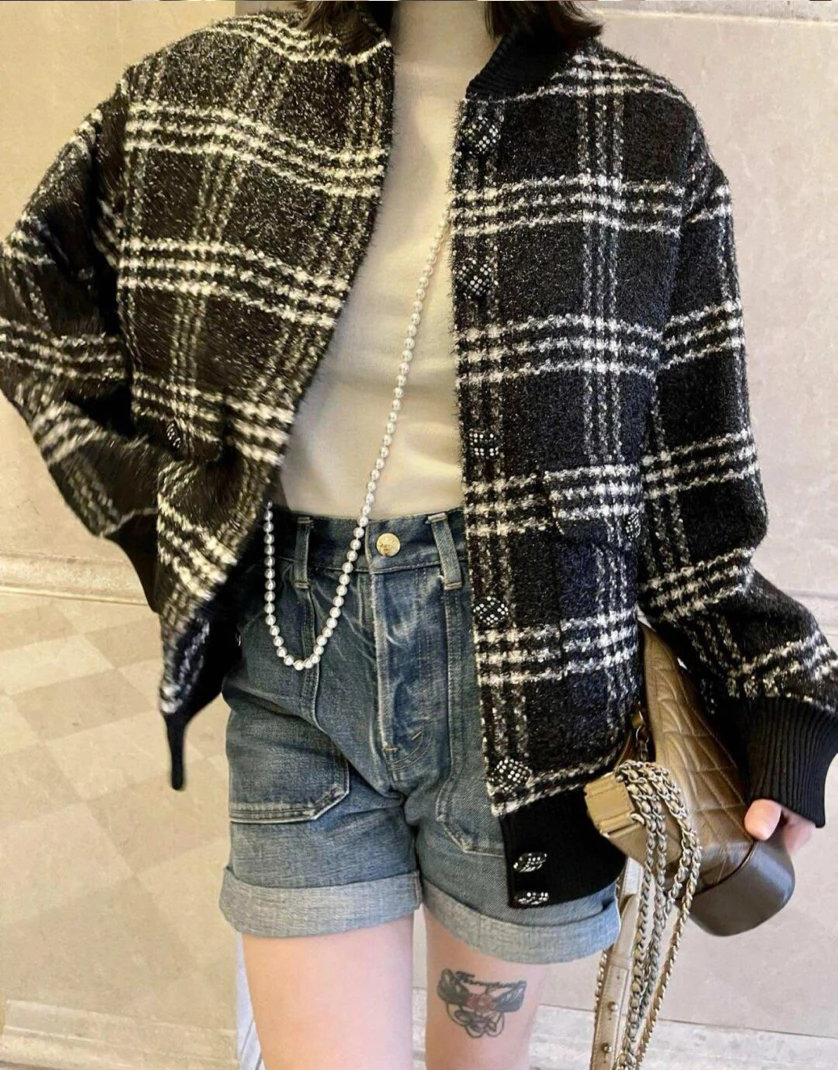 Item ID 8026 CHANE1- Chanel 22k Tweed Black and White Checkered Floral Coat - Black