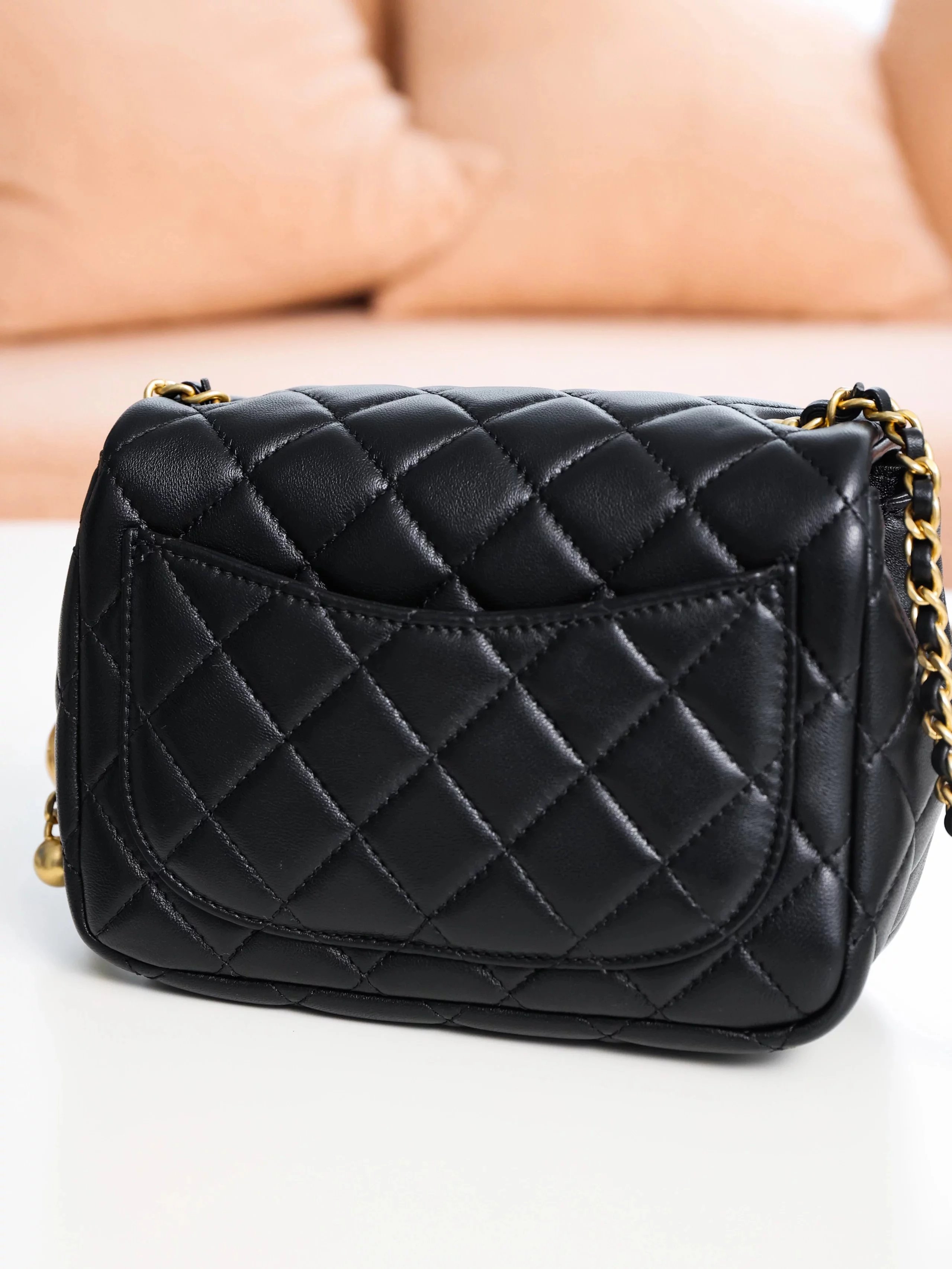 Item ID 8460 CHANEL - Classic Chain Bag - Mini Golden Bead Square Fat Flip Bag - Sm