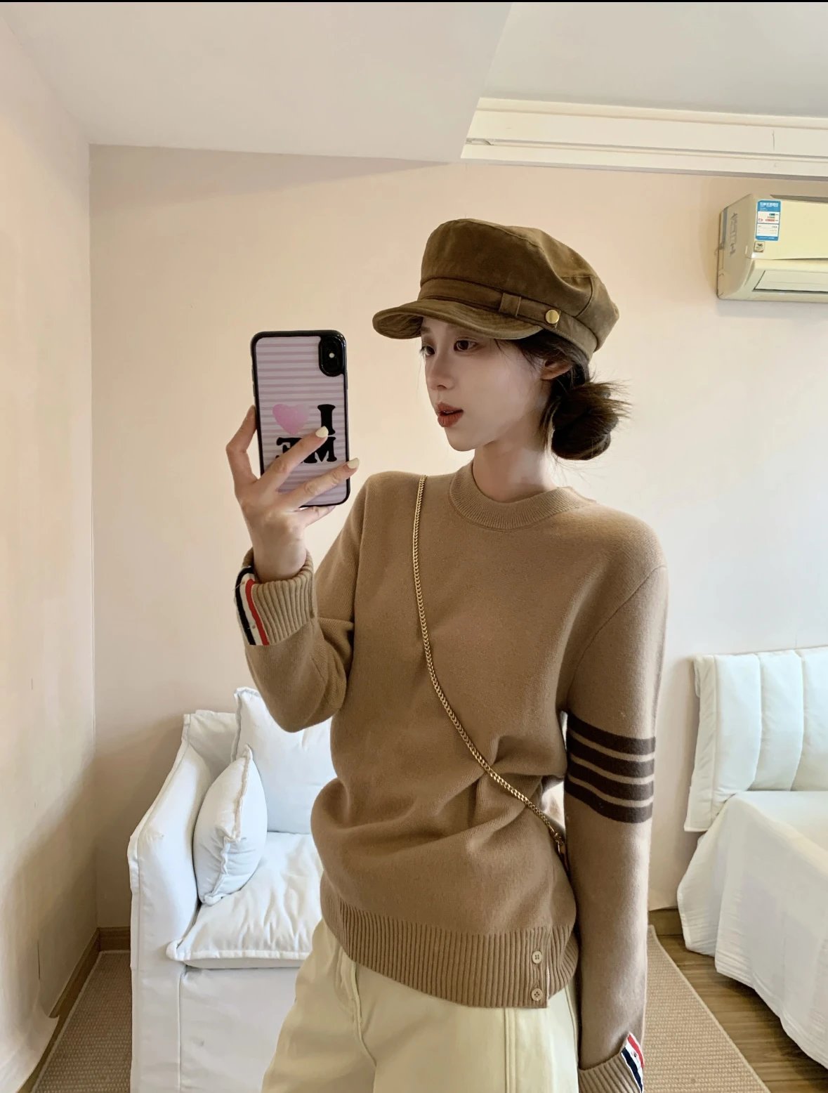 Item ID 8093 THOMBR0WNE-TB-“ natural black horns ”“ Custom dyed three-color webbing