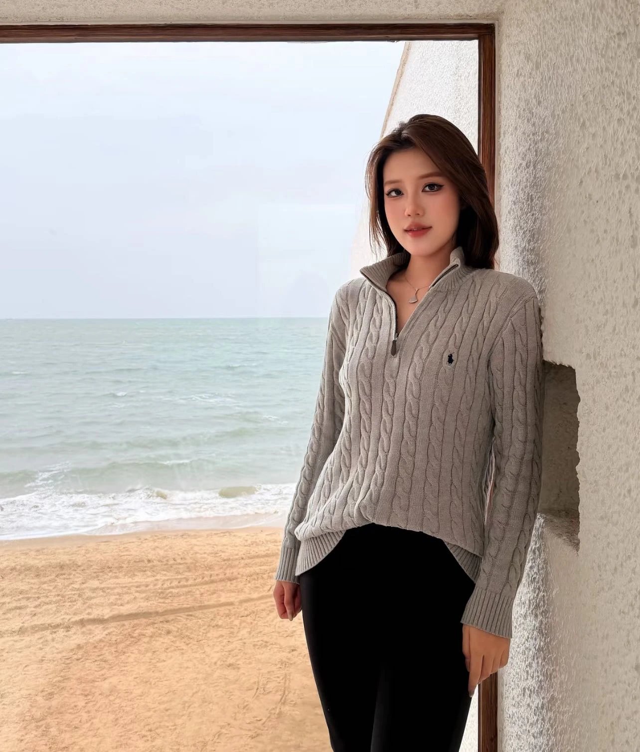 Item ID 8266 Ralph Half Chain Twisted Flower Sweater - Solid Color Half Zipper Stan