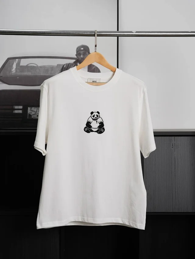 Item ID 9027 AMI Panda Embroidered Knitted Cotton Regular Round Neck Short Sleeve