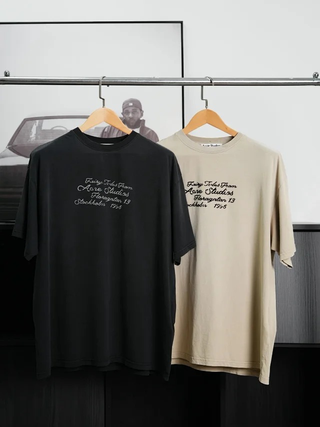 Item ID 9032 Acne 1996 flocking logo printed round neck loose short sleeved T-shirt in blackbeige