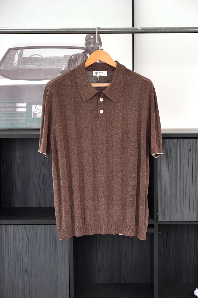 Item ID 9028 BC Two Color Brunello Cucinelli SS26 15% Linen Blended Wide Ribbed Cotton Hemp Knitted Polo Shirt Standard Edition Men's Edition