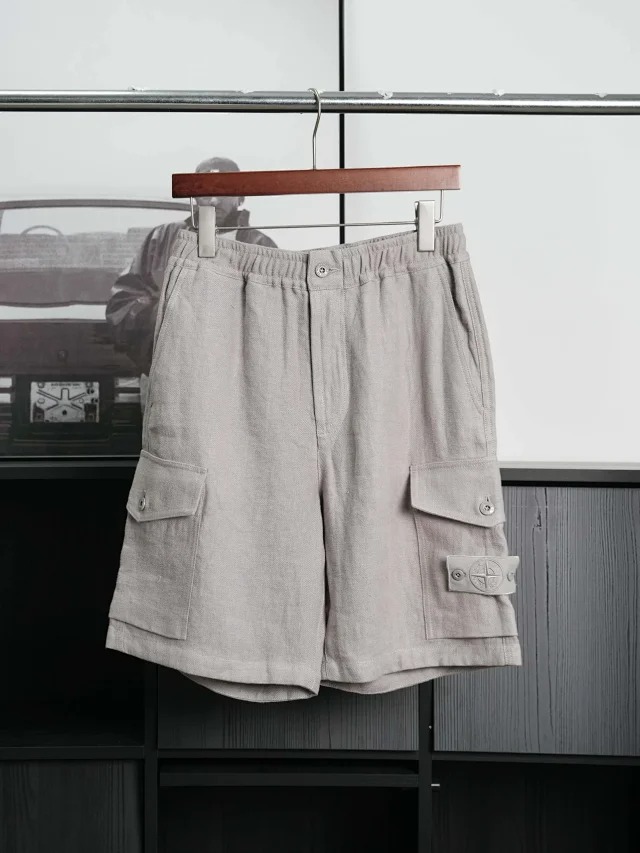 Item ID 9037 SI Stone 100% linen main fabric all accessories customized mid waist straight leg five point casual shorts