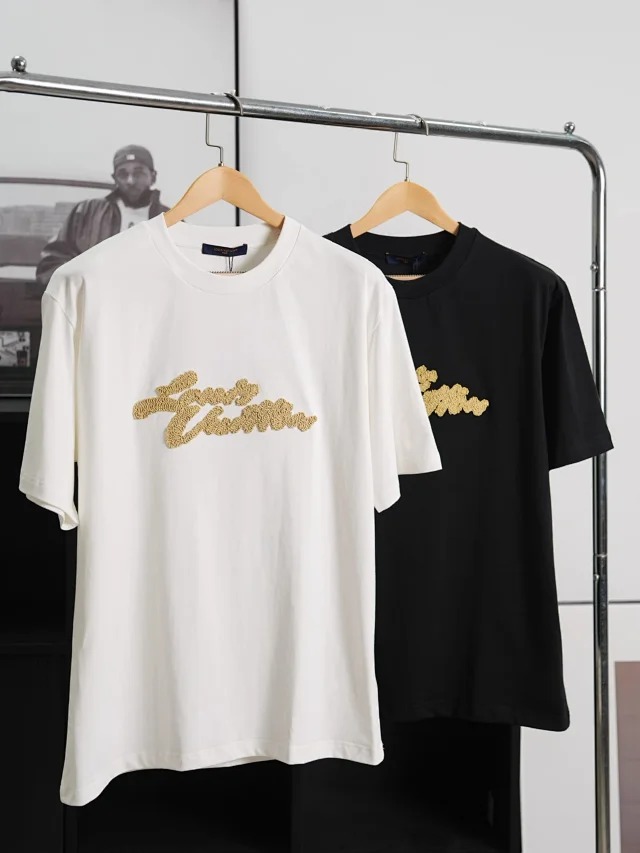 Item ID 9040 1V dual color faux Lafite grass embroidery solid color embroidery short sleeved T-shirt Black white