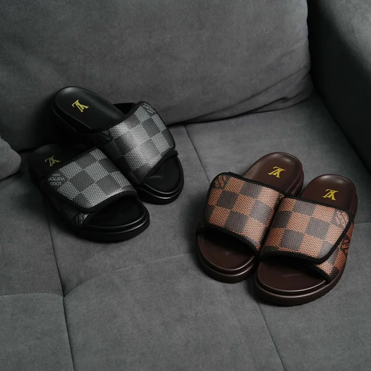 Item ID 9062 1V MD Polyurethane Foam Soft Bottom Pattern Jacquard Fabric Velcro Slippers Black Brown