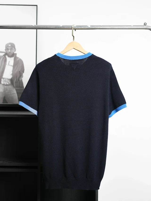 Item ID 9072 PRA round neck contrasting short sleeved cashmere sweater with slim fit and large card size Unisex